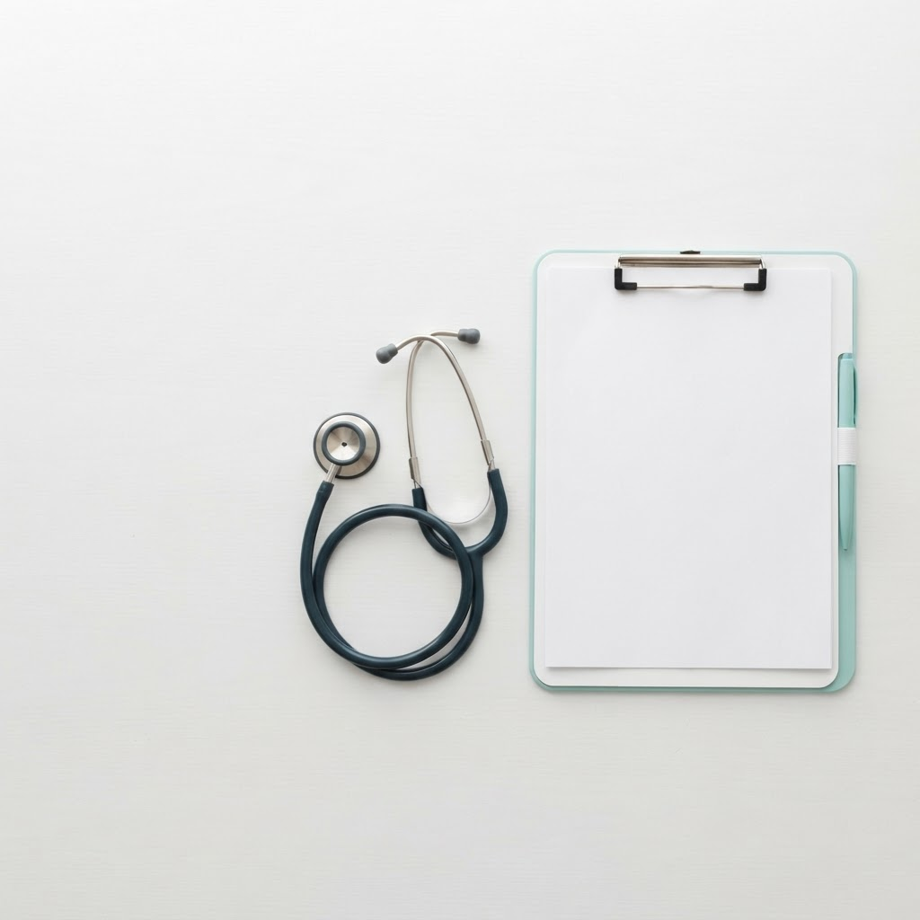 Medical stethoscope and clipboard on desk