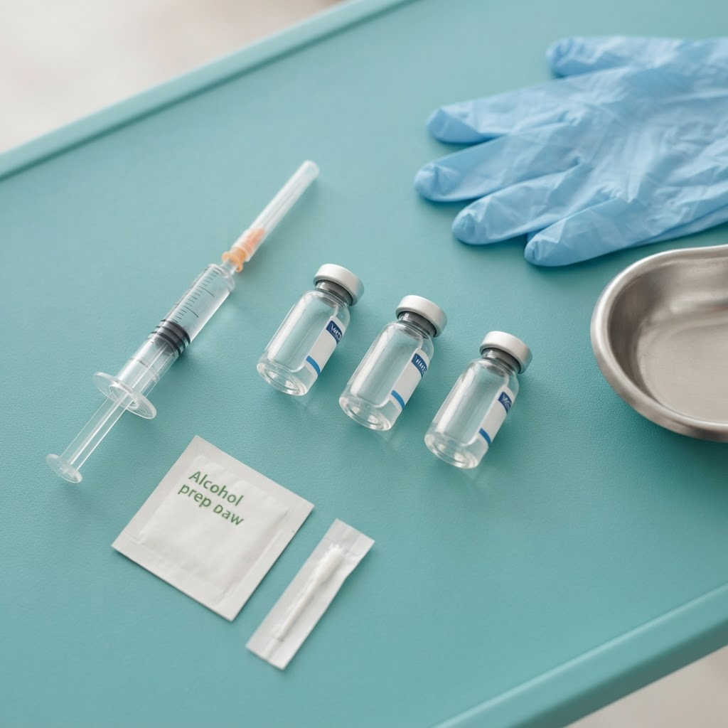 Vaccine vials and syringe on teal surface